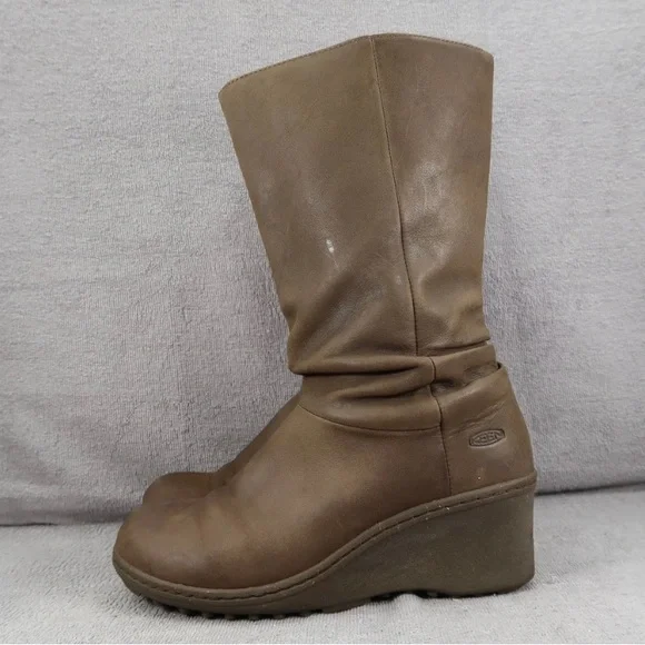 Keen Boots Akita Womens 8.5 Brown Leather Pull On Wedge Knee High Round Toe - Picture 3 of 7
